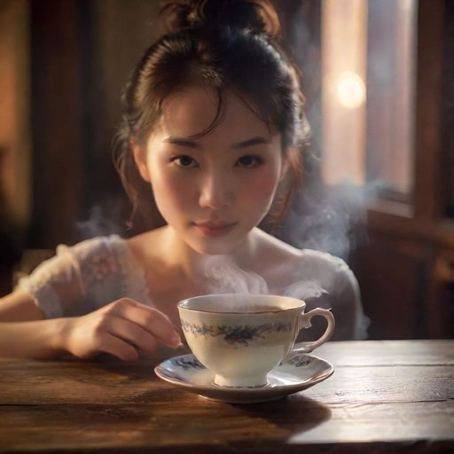 茶杯冒热气特写