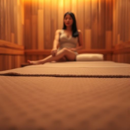 桑拿包间内一张整洁舒适的按摩床特写，毛巾叠放整齐，光线温暖。