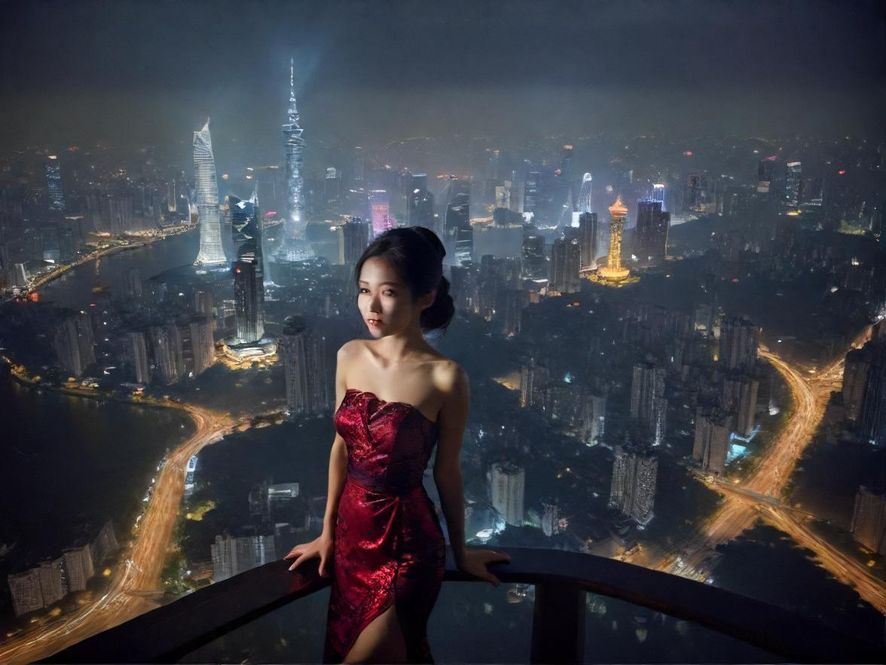 广州街头夜景，高楼林立，车水马龙，霓虹闪烁，展现都市繁华。