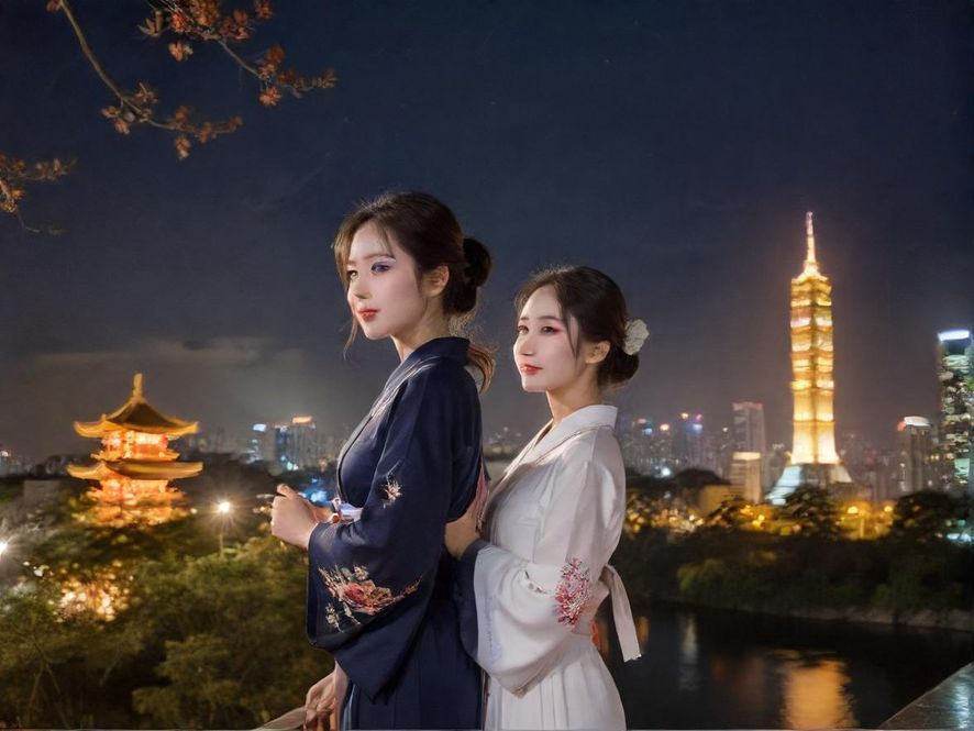 都市夜景下的休闲会所顶部，霓虹灯光点缀，仿佛一片神秘的百花丛。