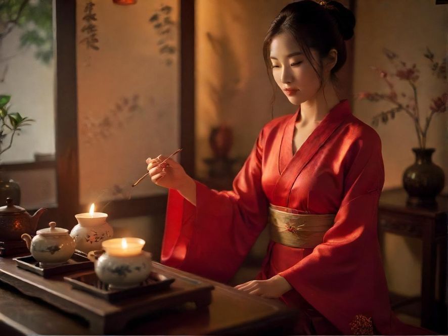 一位女士在优雅的茶室中享受品茶时光，光线柔和，氛围宁静。
