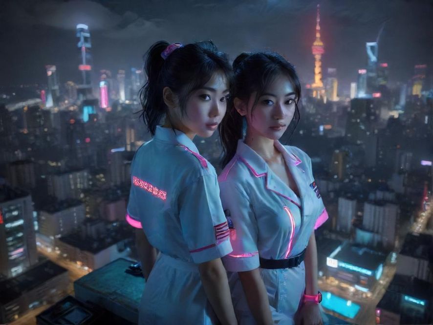 夜幕下的都市天际线，霓虹闪烁，充满神秘与活力