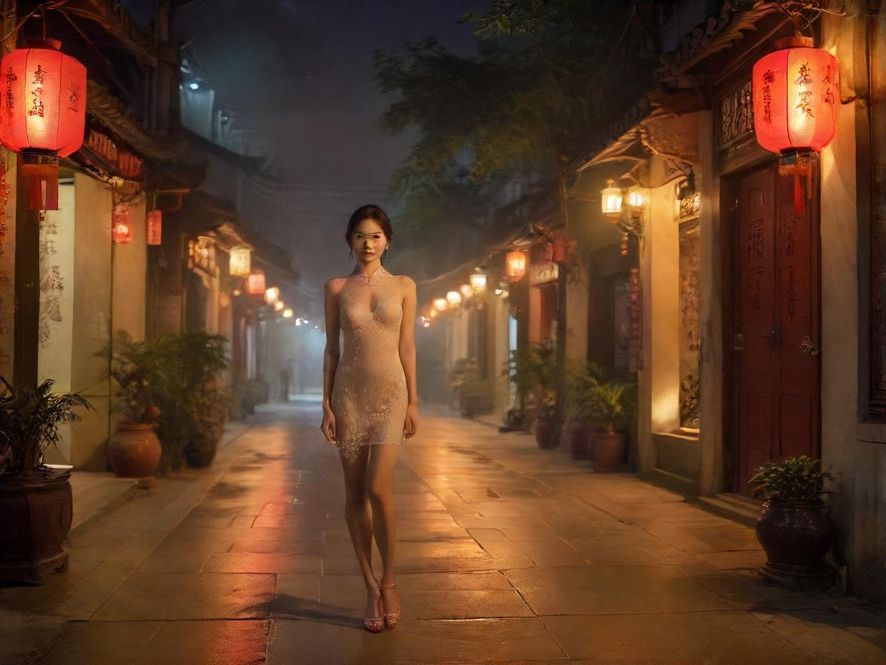 佛山某传统休闲场所入口夜景，街灯下的温馨氛围