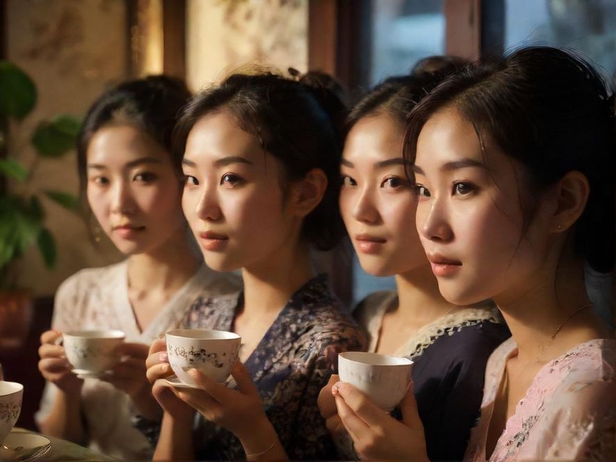 广州茶室窗边喝茶的唯美画面