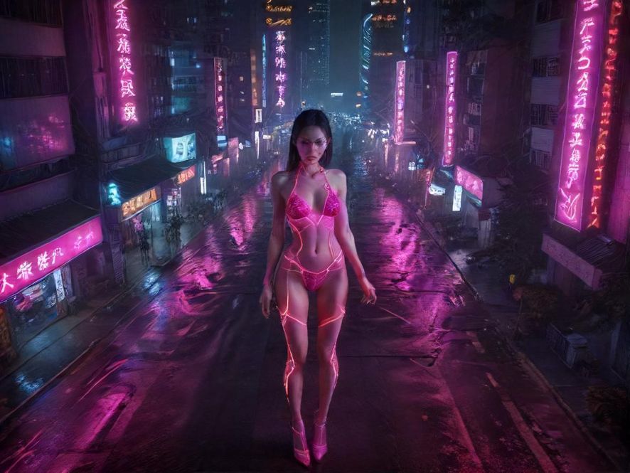 深圳夜色下的都市街道，霓虹灯闪烁