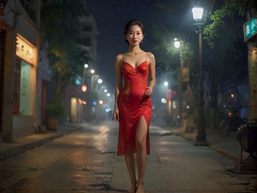 夜晚在东莞街头查看手机的男子
