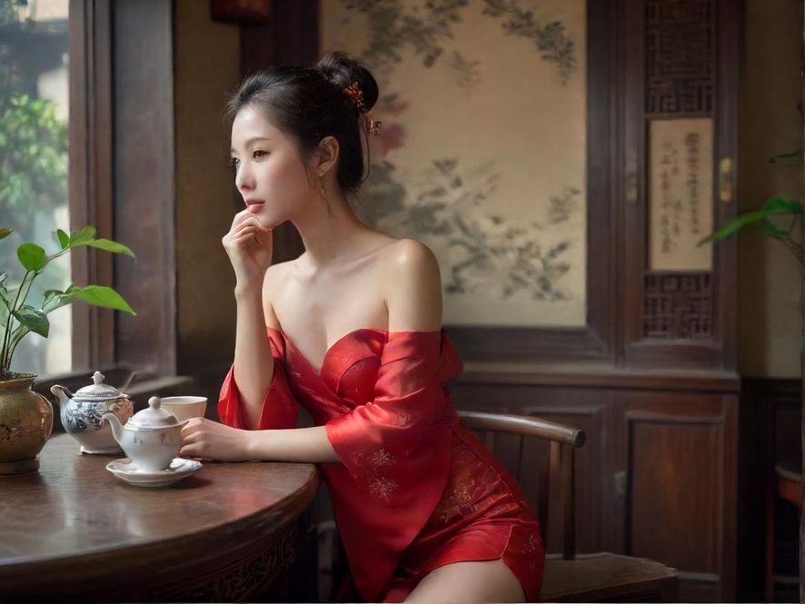 广州喝茶美女在雅致茶室品茶的唯美画面