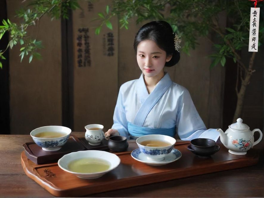 广州雅致茶室，美女正在品茶，茶具精美，充满古风韵味。
