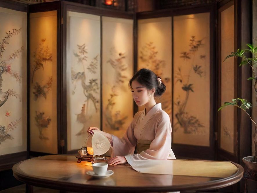 广州私密茶室雅座，柔和灯光下，东方美学与古典屏风营造宁静氛围