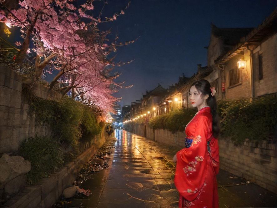 夜幕下的城市街景，车辆灯光闪烁