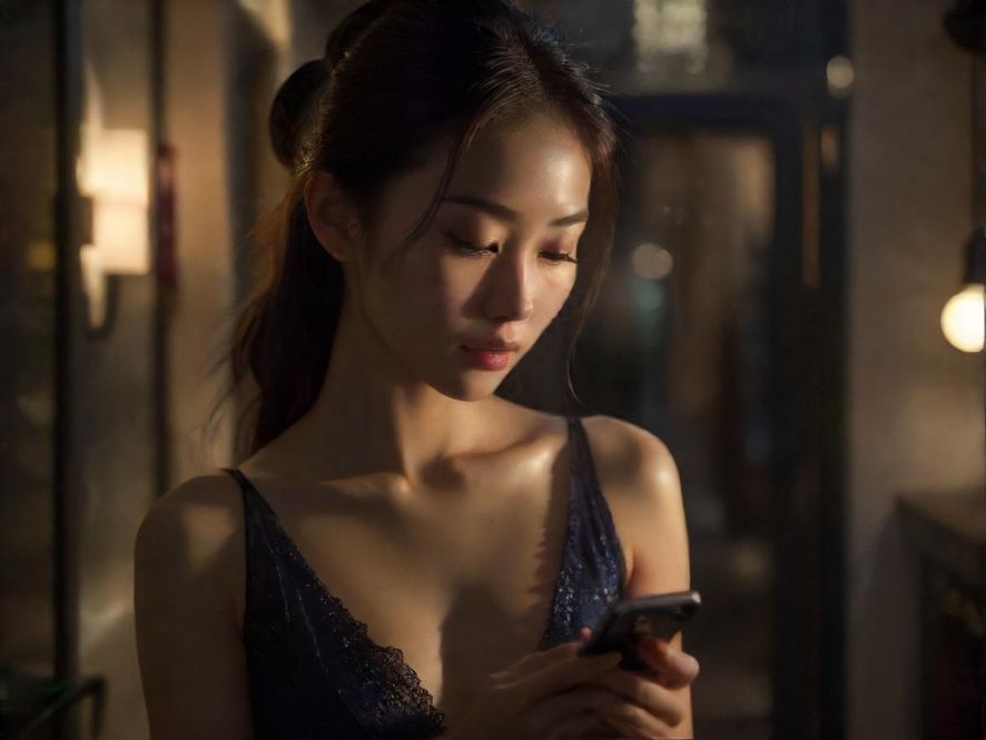 一只手拿着手机，屏幕上显示着论坛帖子内容，文字和图片混合，背景是夜晚的室内环境，光线较暗。