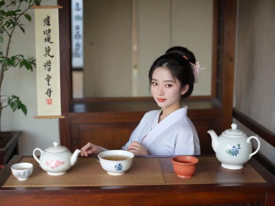 广州私人茶室里，一位气质优雅的美女正在专注品茶，茶香袅袅，光影斑驳，画面唯美而富有诗意。