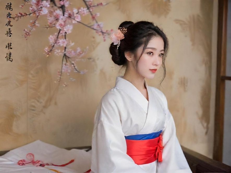 气质美女回眸一笑，身着优雅服饰，置身东方韵味私人会所