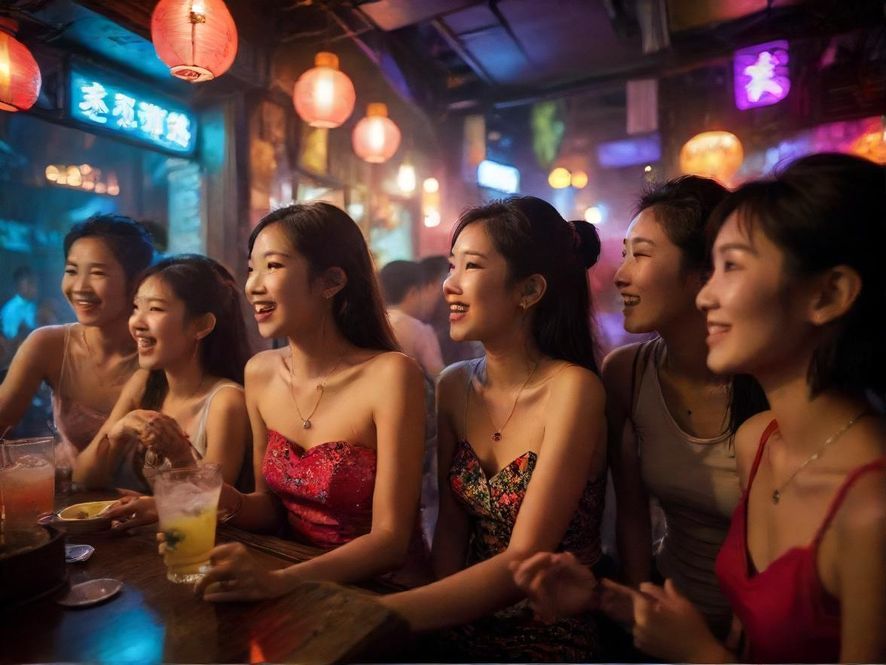 一群朋友在广州的特色酒吧里享受着轻松的夜晚，背景是充满活力的都市夜生活。
