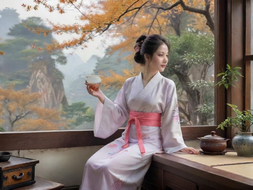 一位女士在广州高端茶室中，享受宁静的品茶时光