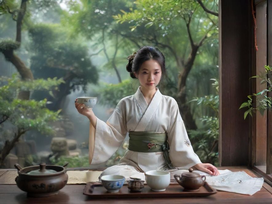 一位优雅的女性在温馨静谧的茶室中侧身品茶，神情放松，享受专属的宁静时光。
