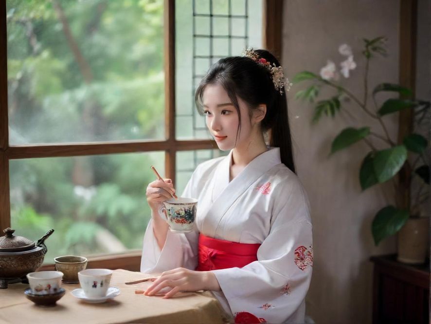 一位优雅的女士，手持一杯冒着热气的香茗，面带微笑，背景是模糊而富有艺术感的私密会所环境。