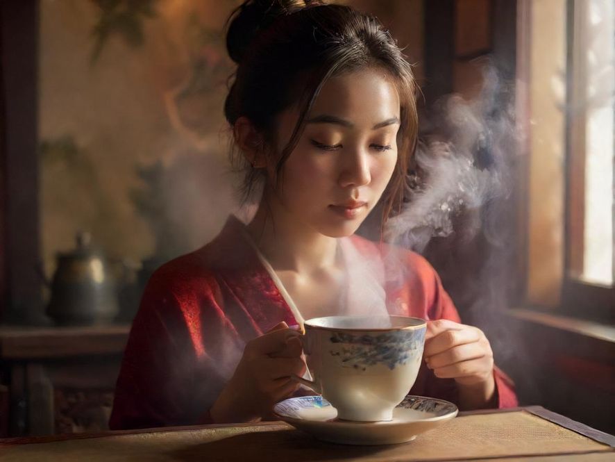 茶杯中飘散着热气，营造温馨私密的茶室氛围