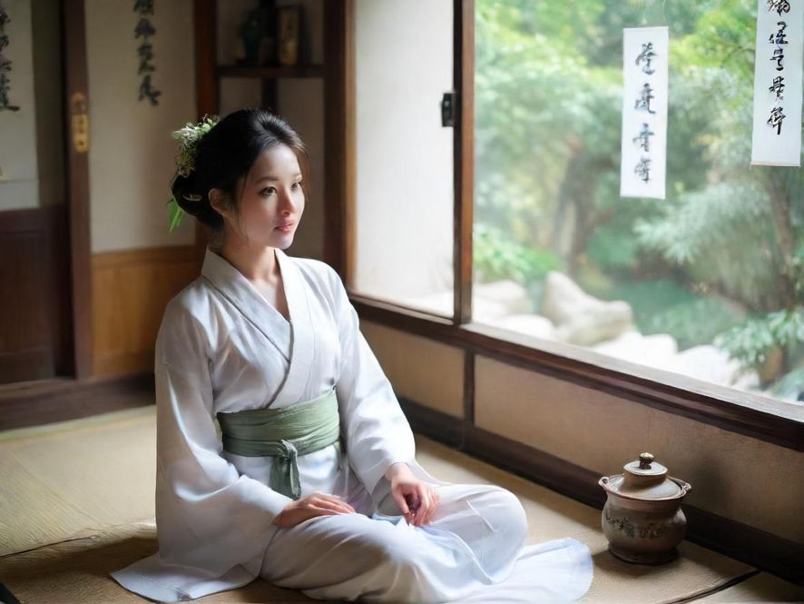 一位气质优雅的女士在深圳温馨茶室中品茗，阳光透过窗户洒在她身上，桌面摆放着精致的茶具。