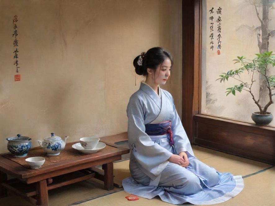 一位身着古典服饰的佳人,在雅致茶室的屏风后若隐若现,营造出神秘而唯美的意境。