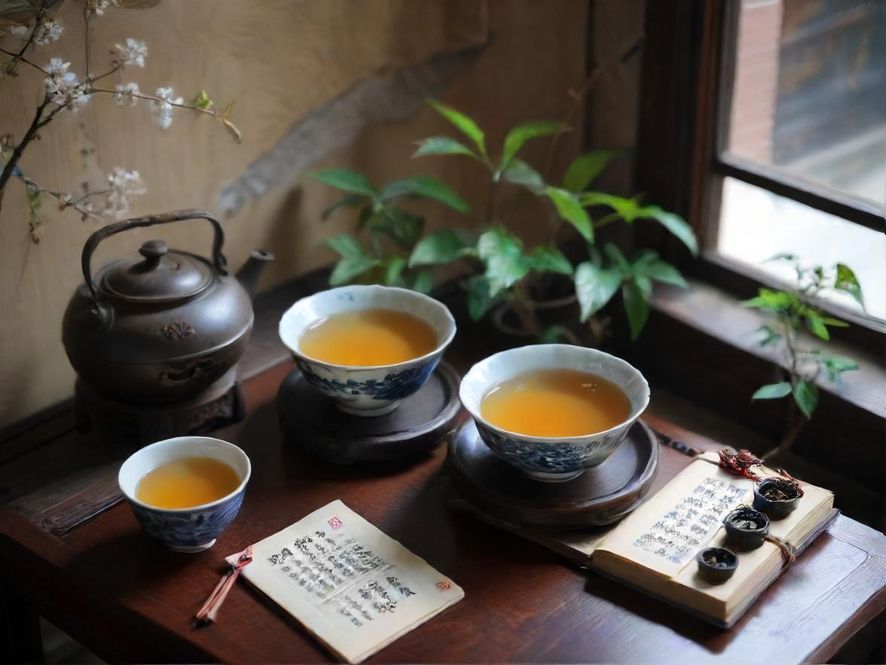 一间充满东方韵味的茶馆内部,光线柔和,几位客人正悠闲地品茶交谈