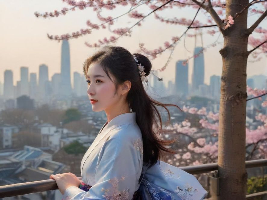 一位都市女性在广州的某个休闲场所享受宁静放松的时光,背影展现出惬意与舒适,背景是现代都市的模糊轮廓。