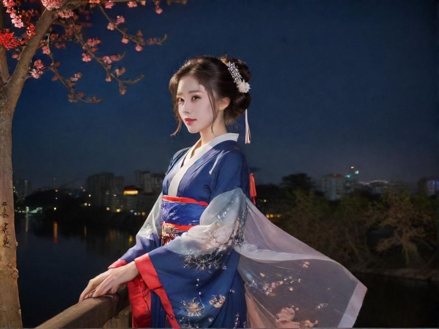 广州夜晚,一位优雅女性的背影,融入都市璀璨灯火