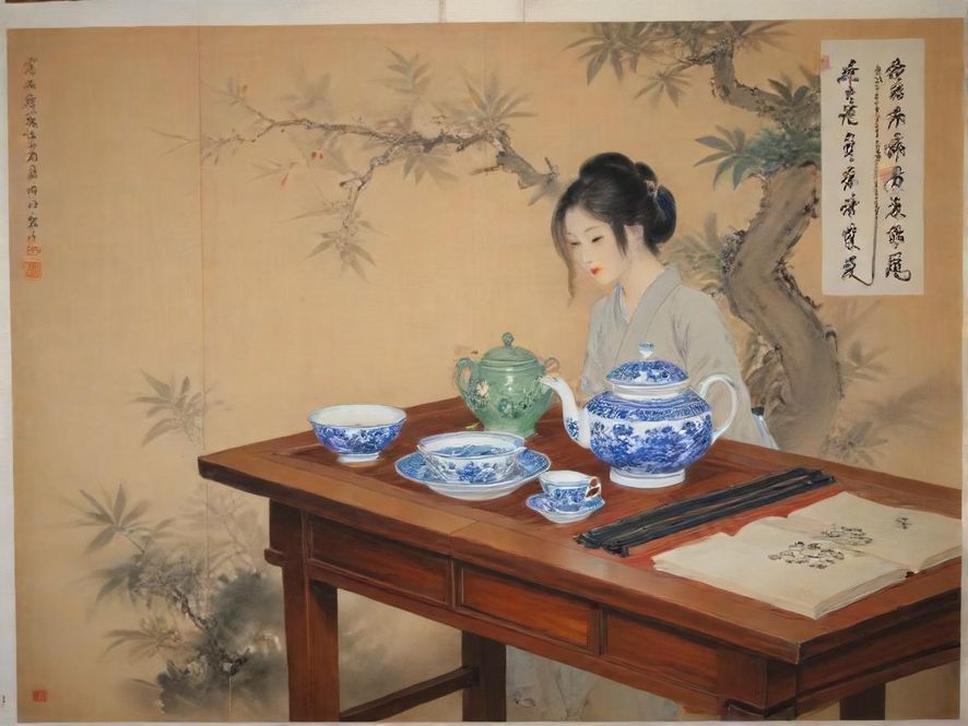 一位身着传统服饰的茶艺师,在雅致的茶室中,专注于冲泡茶水,茶具精致,氛围宁静。