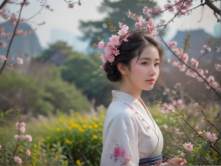 一位在花丛中轻笑的女子,眼神温柔,仿佛在等待你的到来