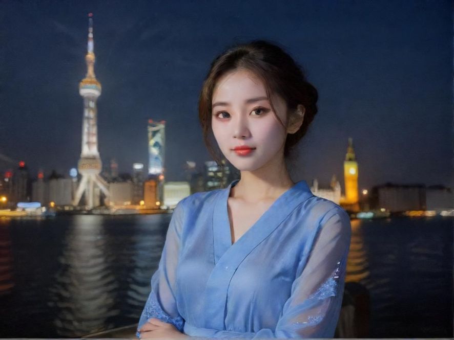 一位时尚女性在都市夜晚的天台上,俯视着璀璨的城市夜景,手中拿着手机,屏幕上显示着一品风楼app的界面,充满探索与发现的氛围。