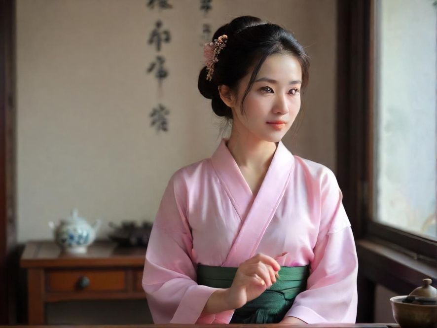 一位身着雅致旗袍的女子,侧身坐在充满古典中式韵味的私密茶室中,手中轻抚茶杯,眼神温柔而专注,背景是雕花木窗和淡雅的插花,营造出一种宁静而唯美的意境。