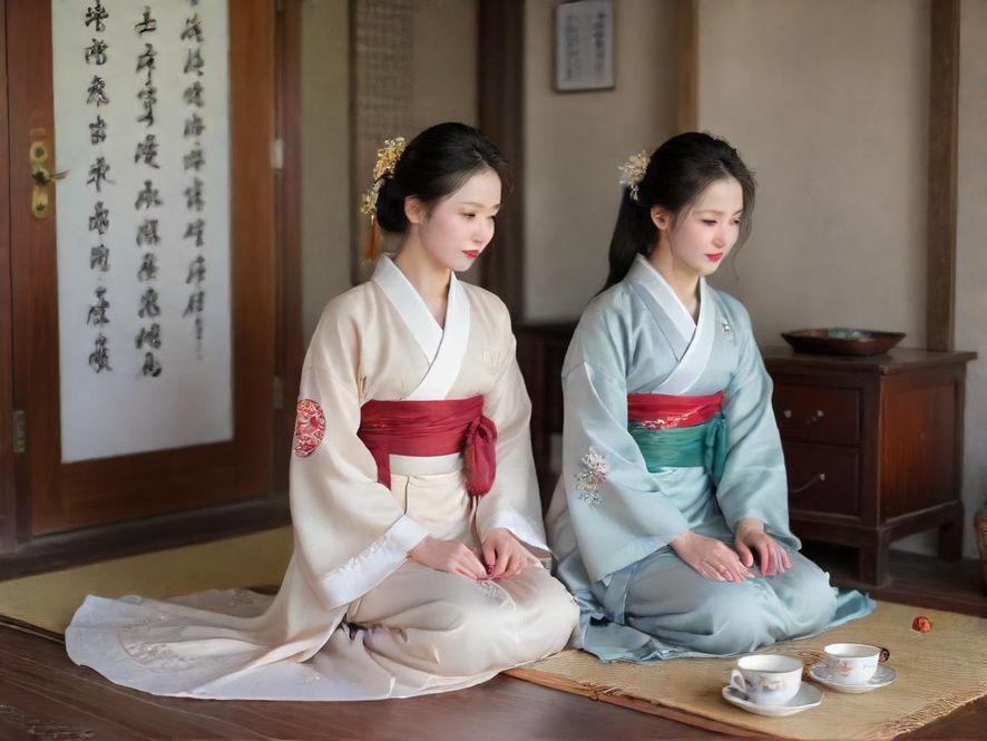 一位身着古典旗袍的东方女子,在雅致的茶室中侧身回眸,眼神温柔而充满故事,光线柔和,氛围宁静。